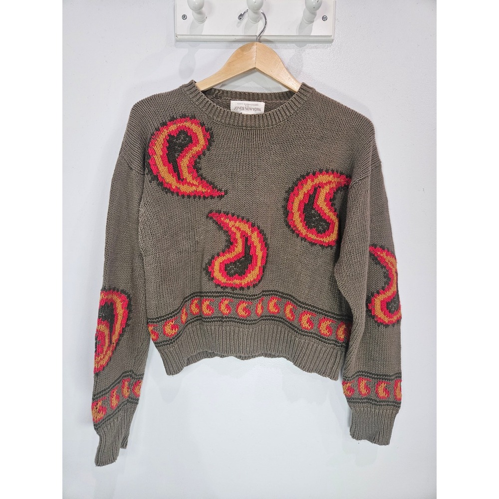 Jones New York Hand Embroidered Paisley Ramie Cotton Knit Sweater Brown Large